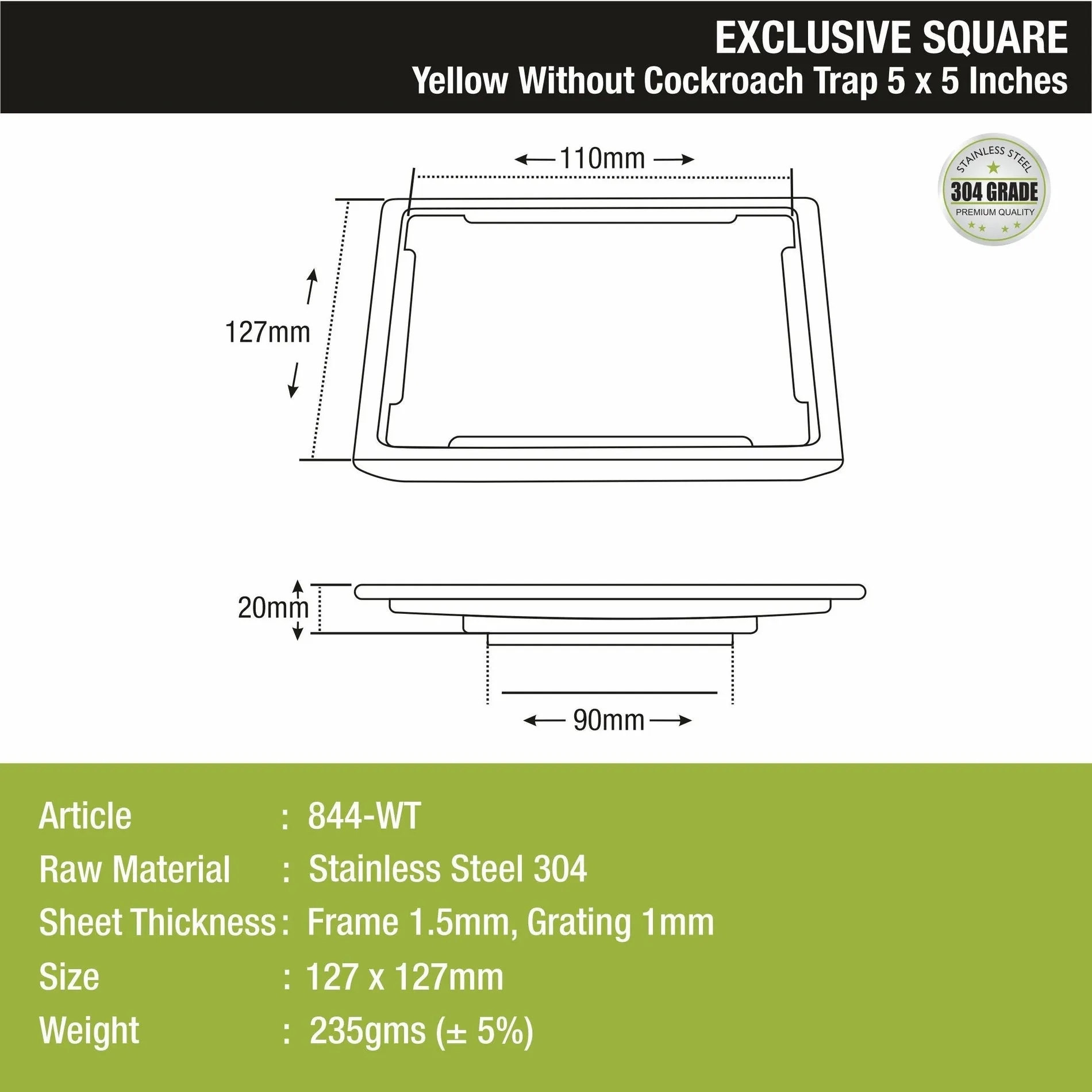 Lipka Yellow Exclusive Square Floor Drain (5 x 5 Inches) 2