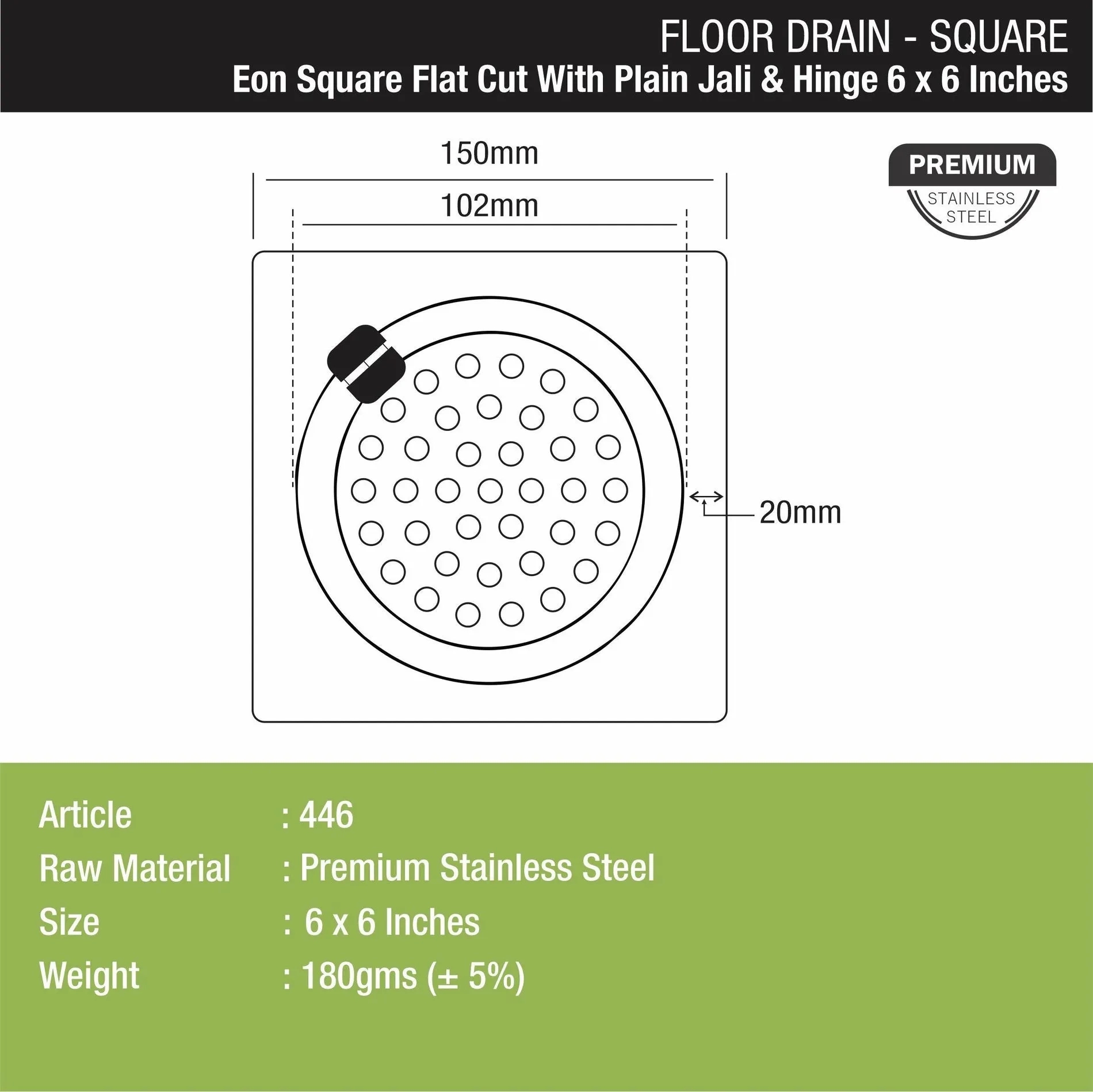 Lipka Eon Square Flat Cut Floor Drain with Plain Jali and Hinge (6 x 6 Inches) 1