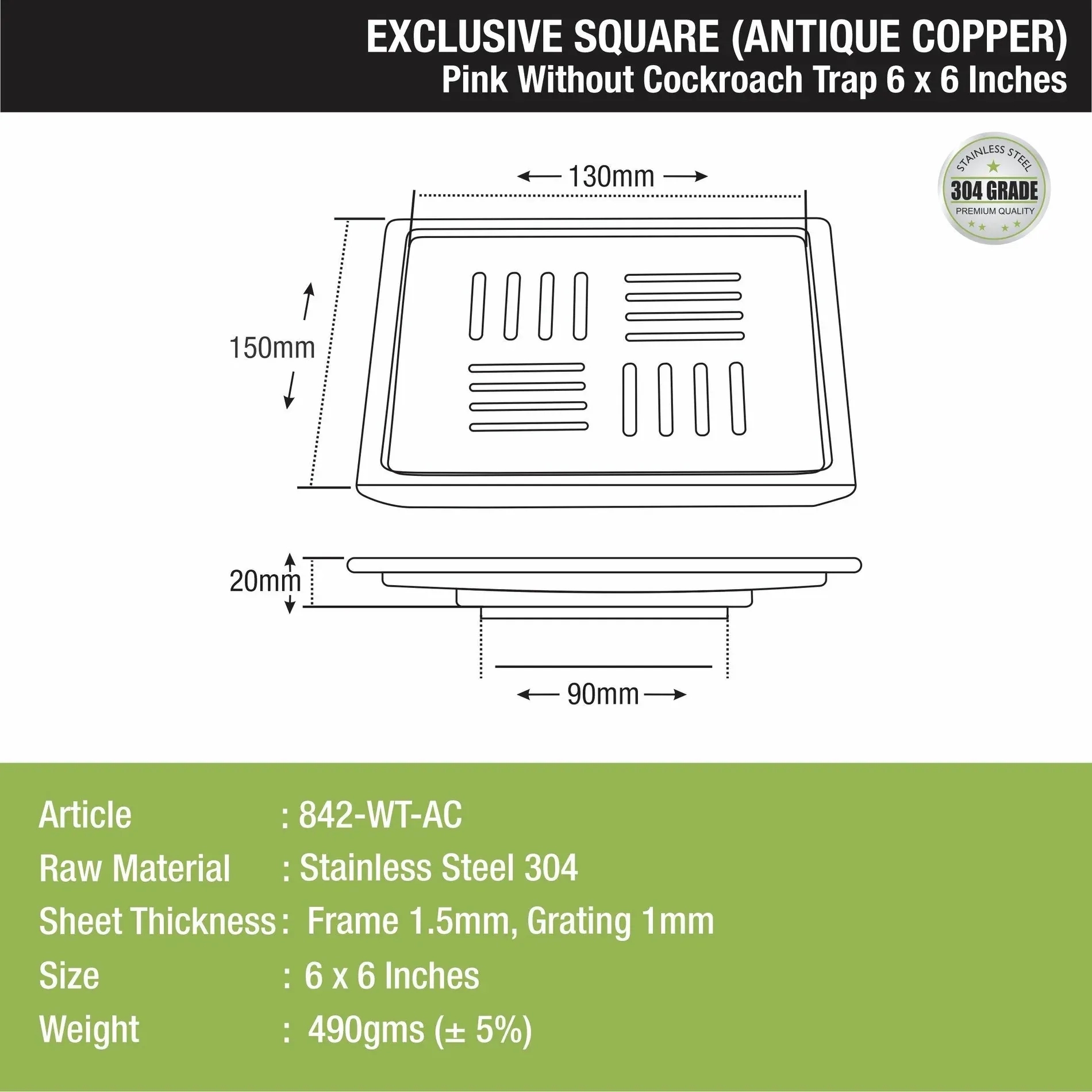 Lipka Pink Exclusive Square Floor Drain in Antique Copper PVD Coating (6 x 6 Inches) 1