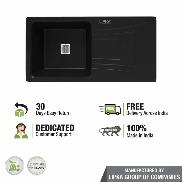 Lipka Black Quartz Single Bowl with Drainboard Kitchen Sink (39 x 20 x 9 Inches) 4