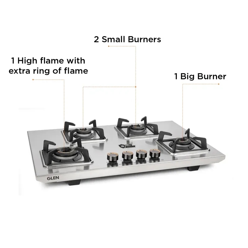 Glen 4 Burner Stainless Steel LPG Gas Stove|10 Years warranty on Burners and Gas Valve|1 Jumbo Forged Brass Burner|Ultra Tough Body|Manual Ignition|360° Revolving Brass Nozzle|1054UTTNDTSS 1
