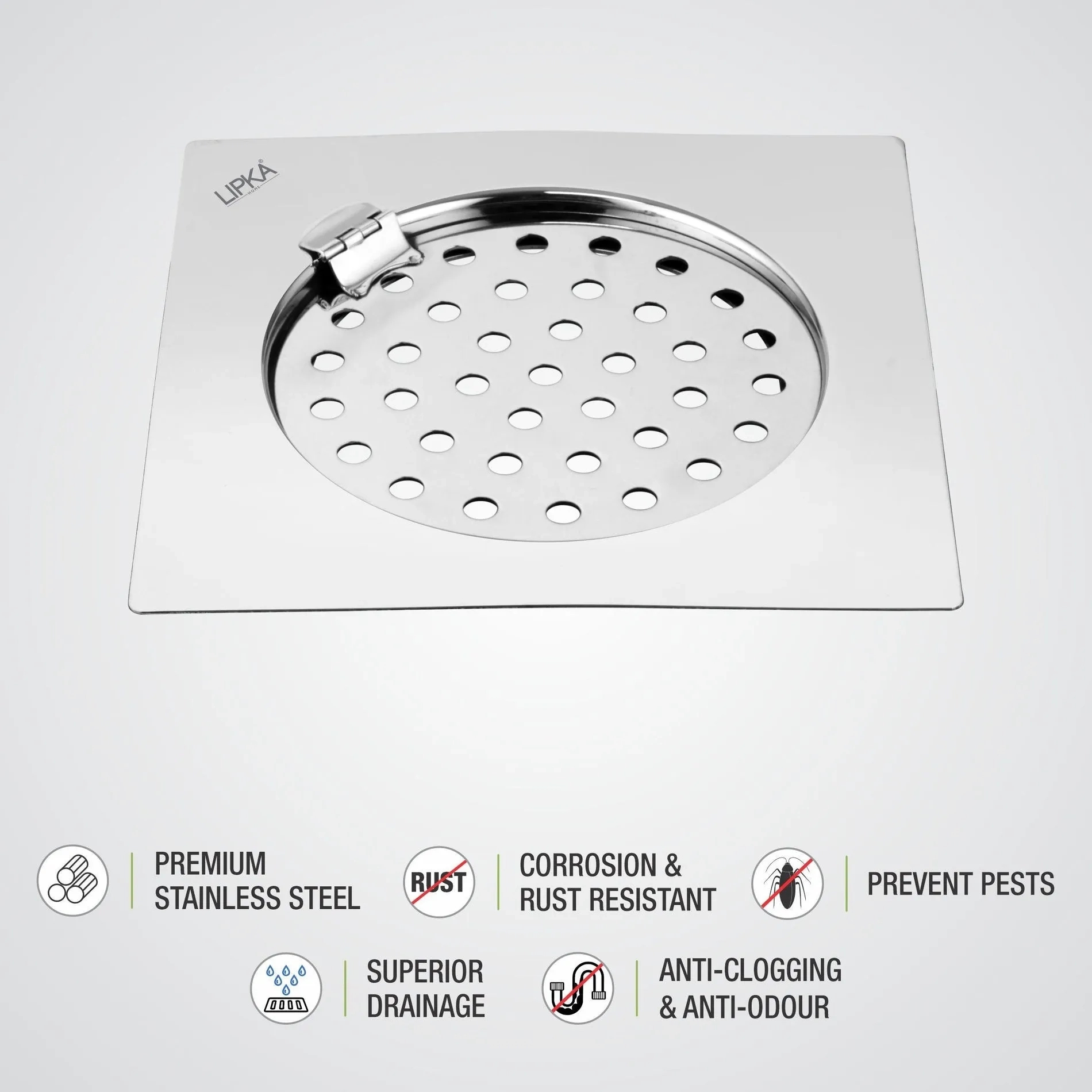 Lipka Eon Square Flat Cut Floor Drain with Plain Jali and Hinge (6 x 6 Inches) 2