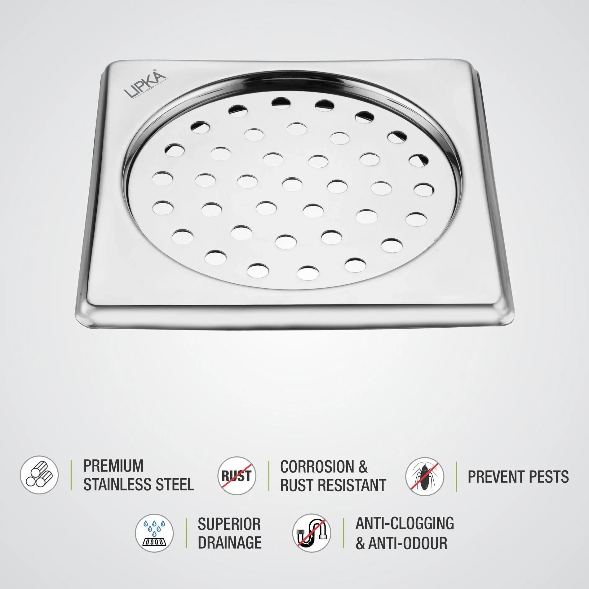 Lipka Eon Square Floor Drain with Plain Jali (6 x 6 Inches) 3