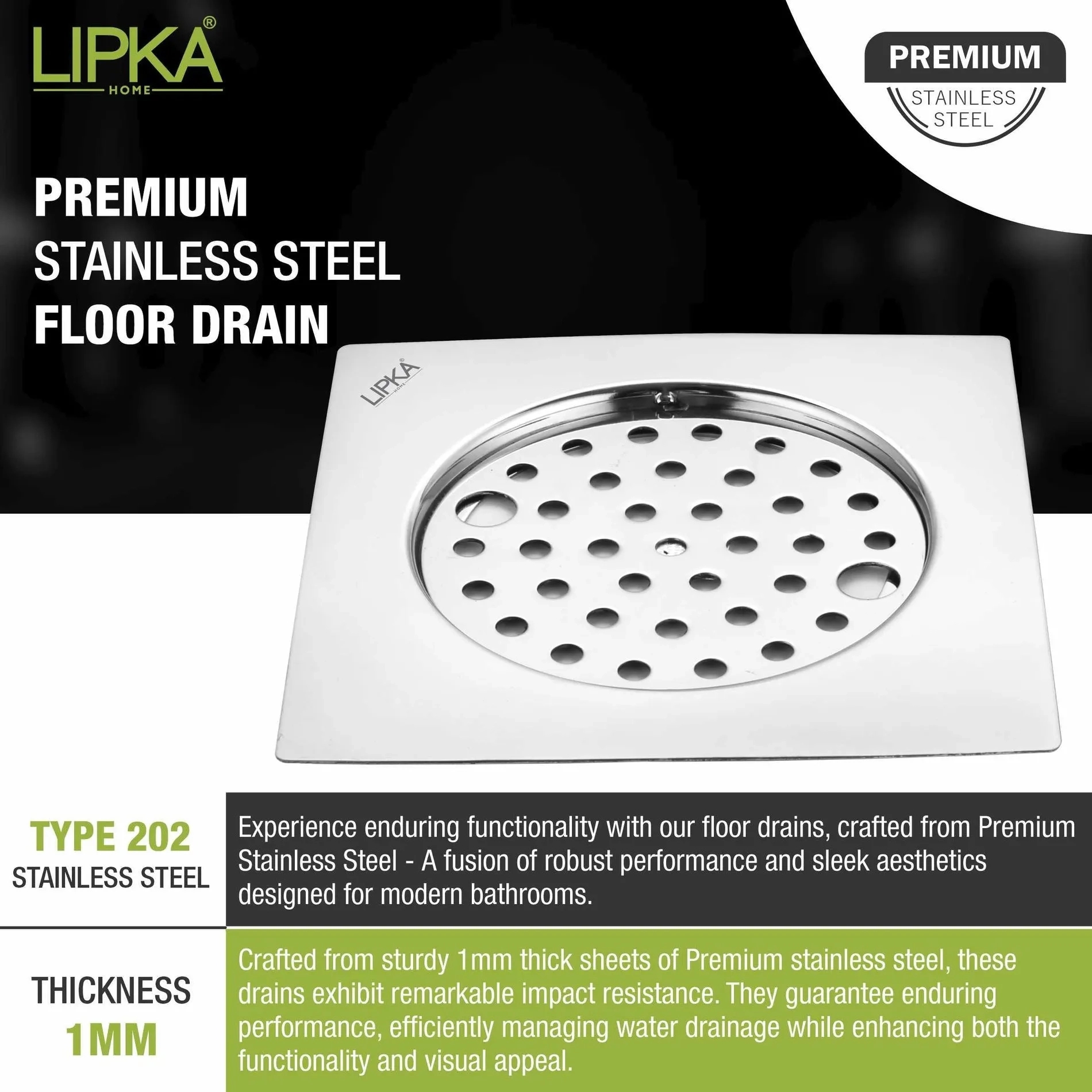 Lipka Eon Square Flat Cut Floor Drain with Plain Jali and Lock (6 x 6 Inches) 3