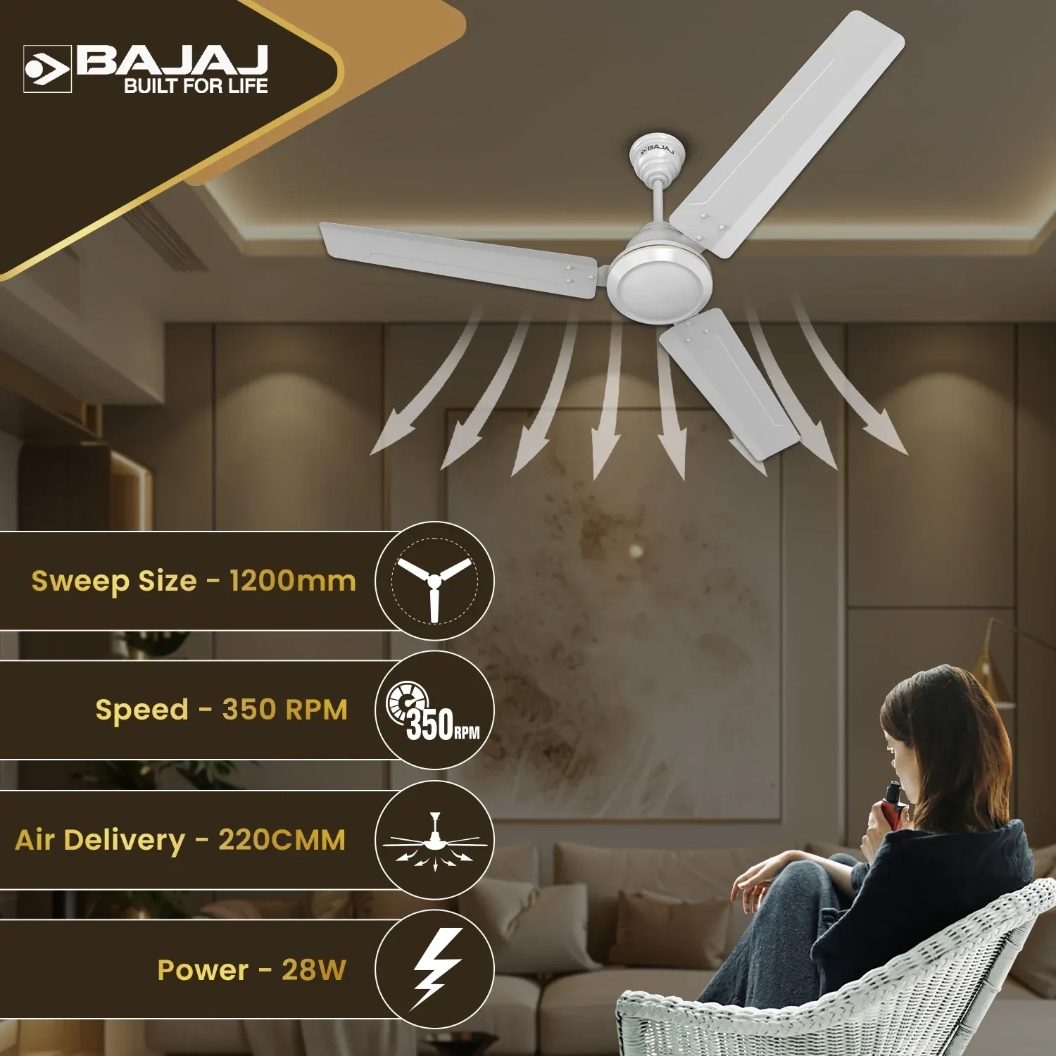 Bajaj Crest Turbo BLDC 1200mm Ceiling Fan - White by Bajaj : Colours available: White 3 4