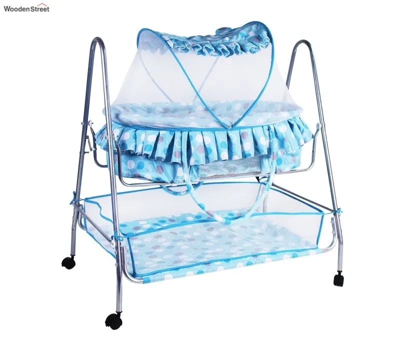 Wooden Street Blue Baby Cot with Detachable Basket and Mosquito Protection Net 2