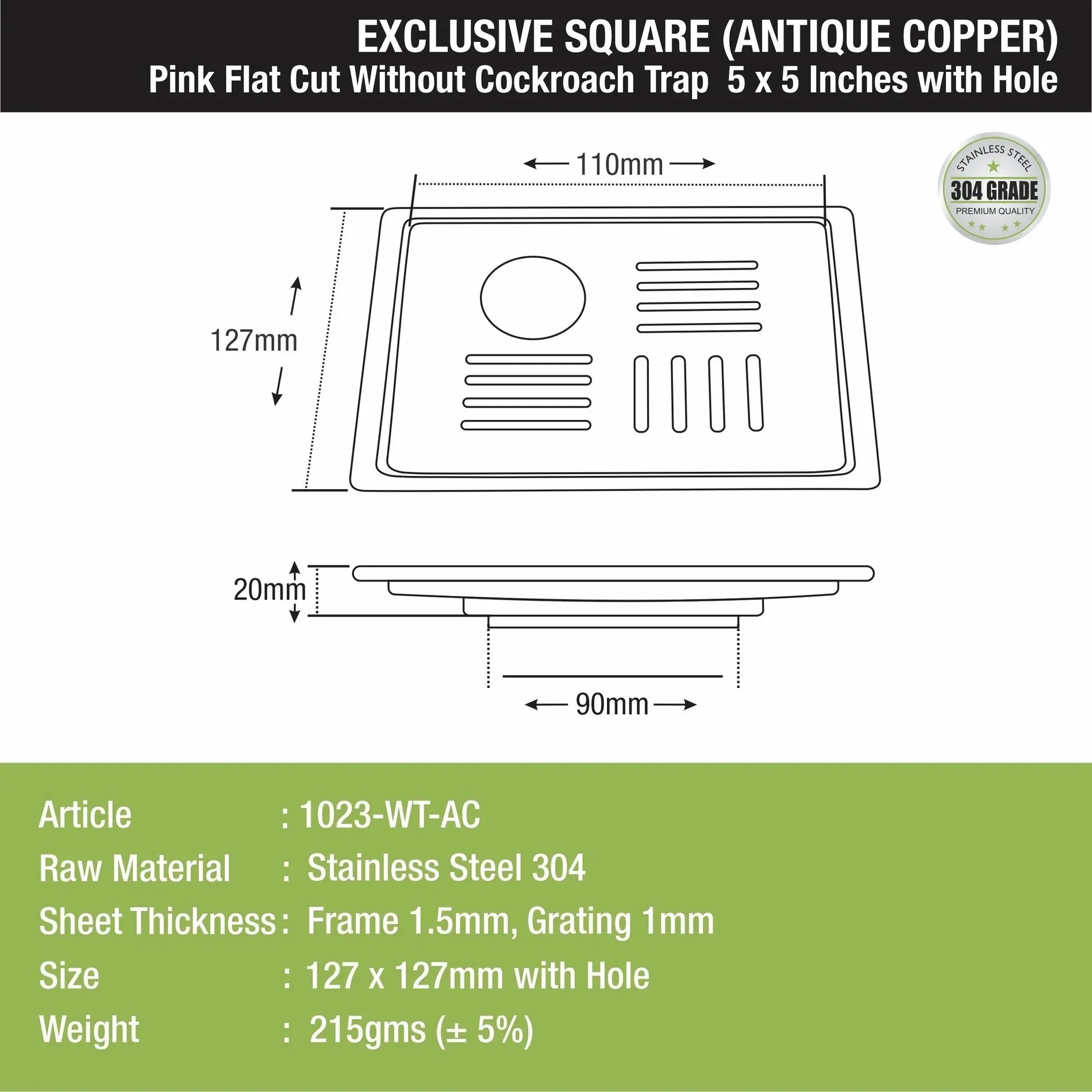 Lipka Pink Exclusive Square Flat Cut Floor Drain in Antique Copper PVD Coating (5 x 5 Inches) with Hole 1