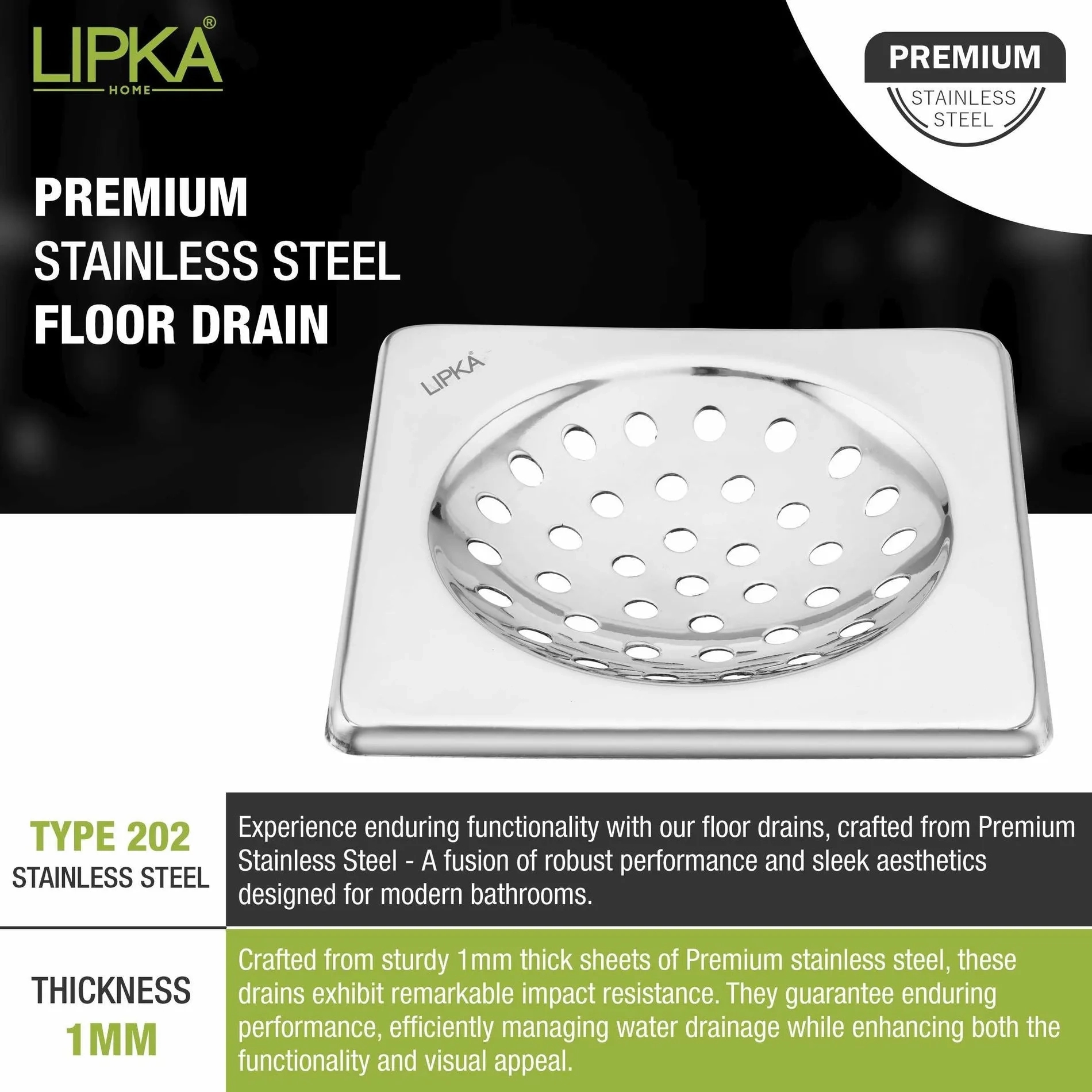 Lipka UNO Square Floor Drain (5 x 5 Inches) 3