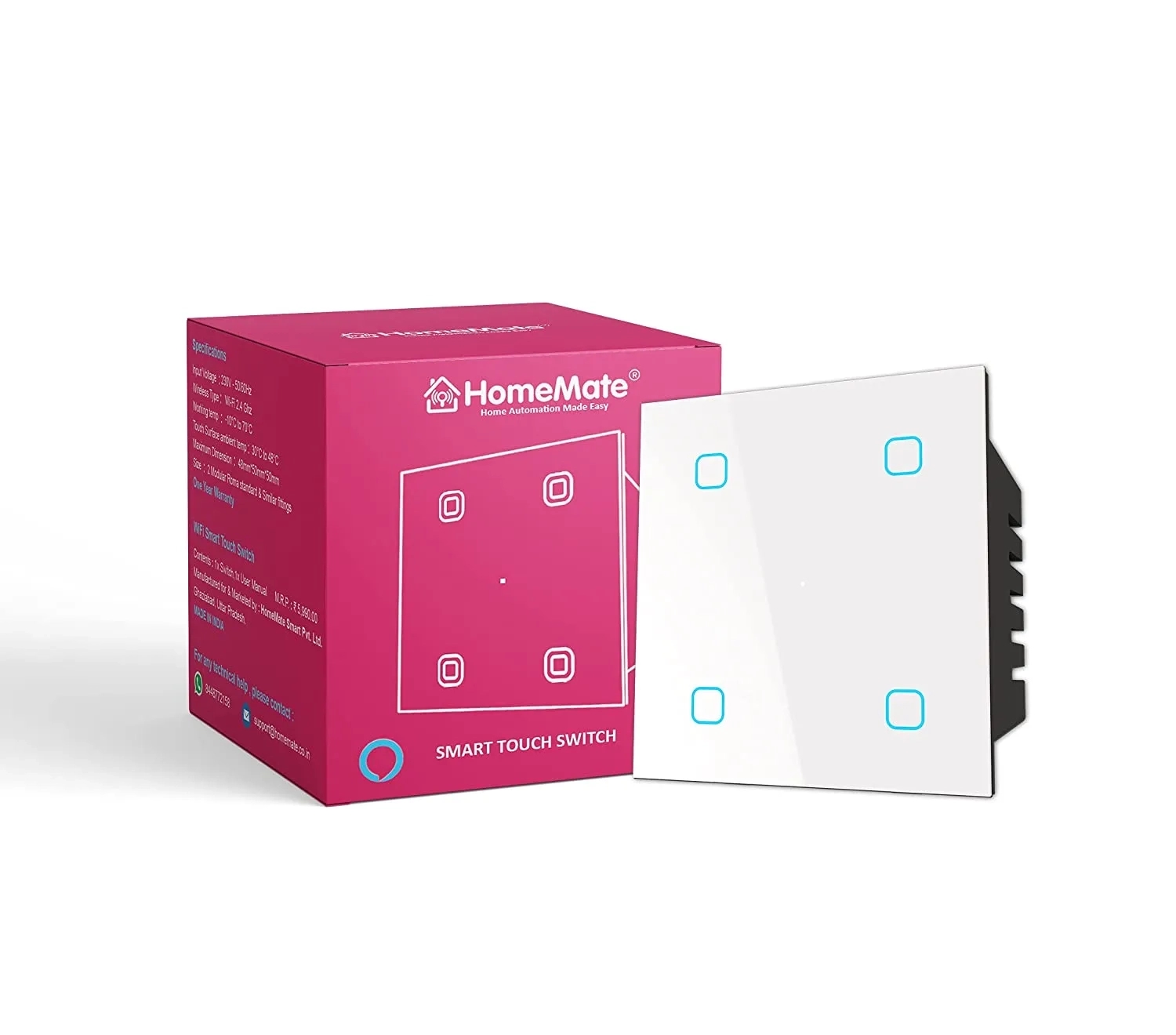 Homemate Wi-Fi 4 Gang Smart Touch Switch - White by Homemate : Colours available: White
