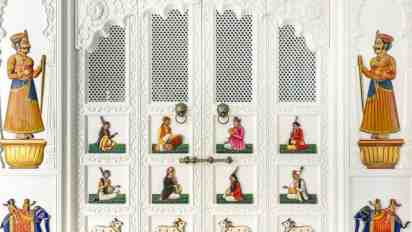 Pooja Room With Rajasthani Hand-Painted Ornamental Wooden Door In Madhav Mahal Apartment