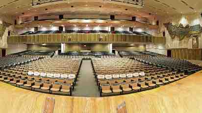Auditorium Interior with Wooden Wall Panels in Shanmukhananda Auditorium