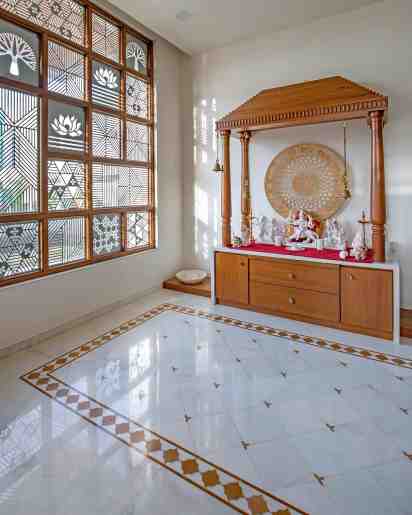 Pooja Room With wooden Jali window In House 48
