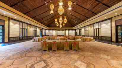 Banquet Hall Interior with Wooden Ceiling Panels in Ananta Resort