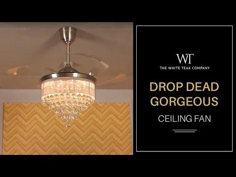 TheWhiteTeak Drop Dead Gorgeous (112 cm Span, Chrome Finish Metal Body With Silver Shade, Transparent ABS) Dimmable LED with Remote Control Crystal Chandelier Ceiling Fan video thumbnail