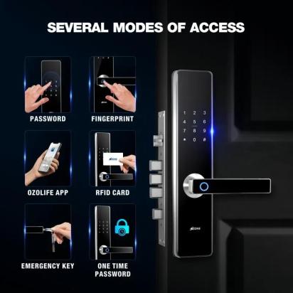 Ozone Smart Bluetooth Lock for Wooden & Metal Doors, 4-Way Access, OzoLife App, Fingerprint, Password, RFID Card, 35-100 mm Door Thickness, Free Installation, 2 Years Warranty (Black | Satin Chrome) by Ozone : Colours available: Black, Chrome 7 7