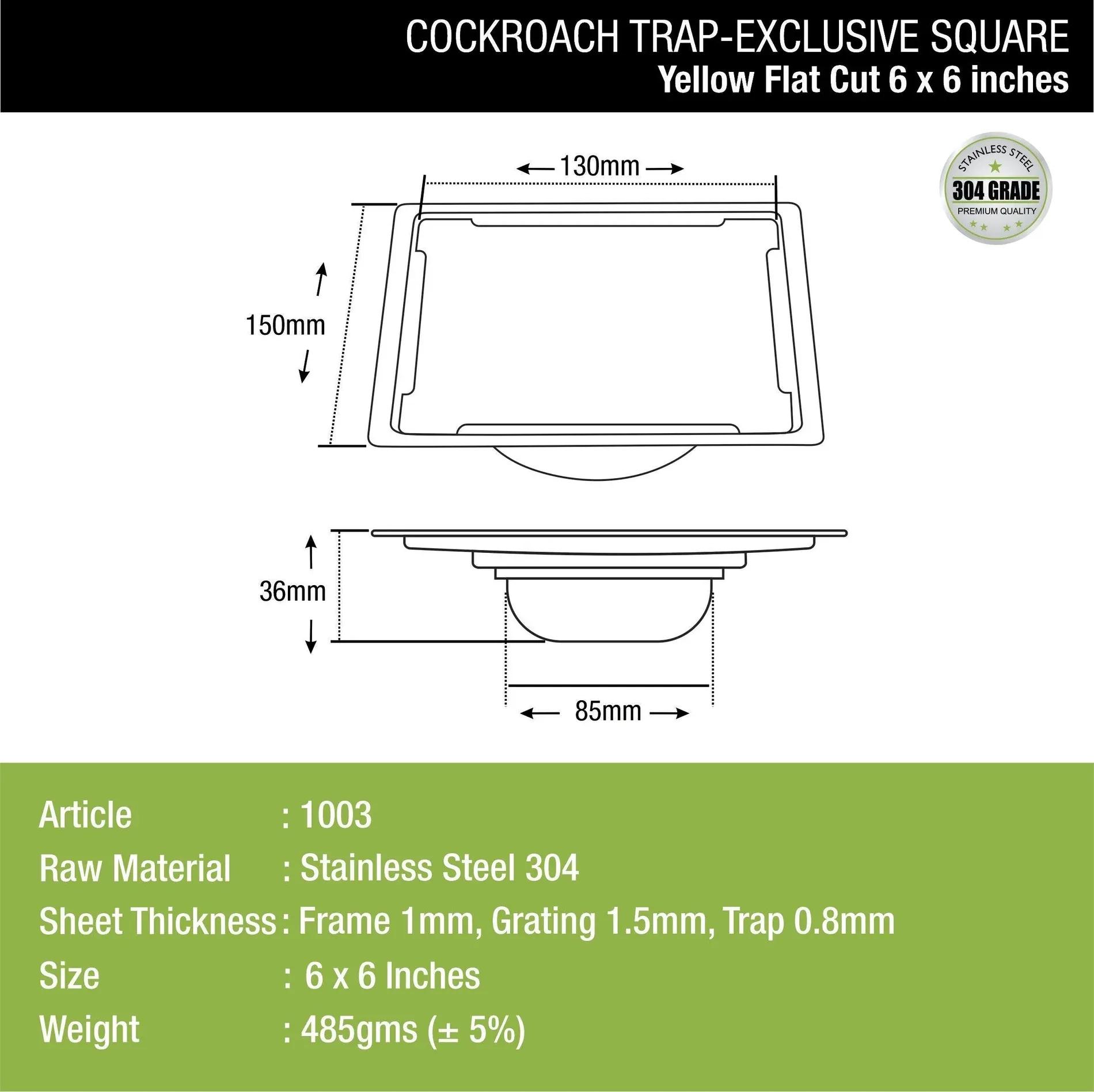 Lipka Yellow Exclusive Square Flat Cut Floor Drain (6 x 6 Inches) with Cockroach Trap 1