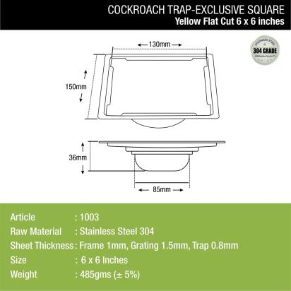 Lipka Yellow Exclusive Square Flat Cut Floor Drain (6 x 6 Inches) with Cockroach Trap 1