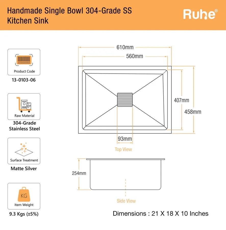 Ruhe Handmade Single Bowl Kitchen Sink - 21 X 18 X 10 Inches 2