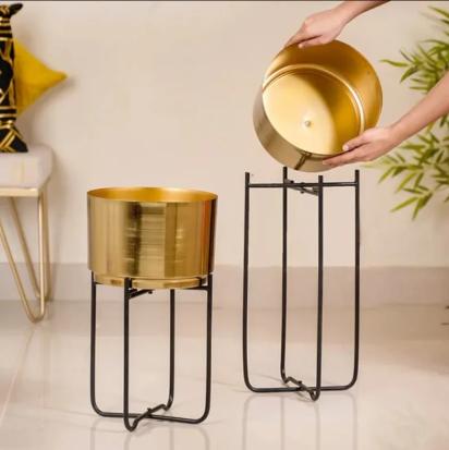 Nestasia Luxe Metal Floor Planter With Stand Gold Set Of 2 by Nestasia : Colours available: Gold 3 1