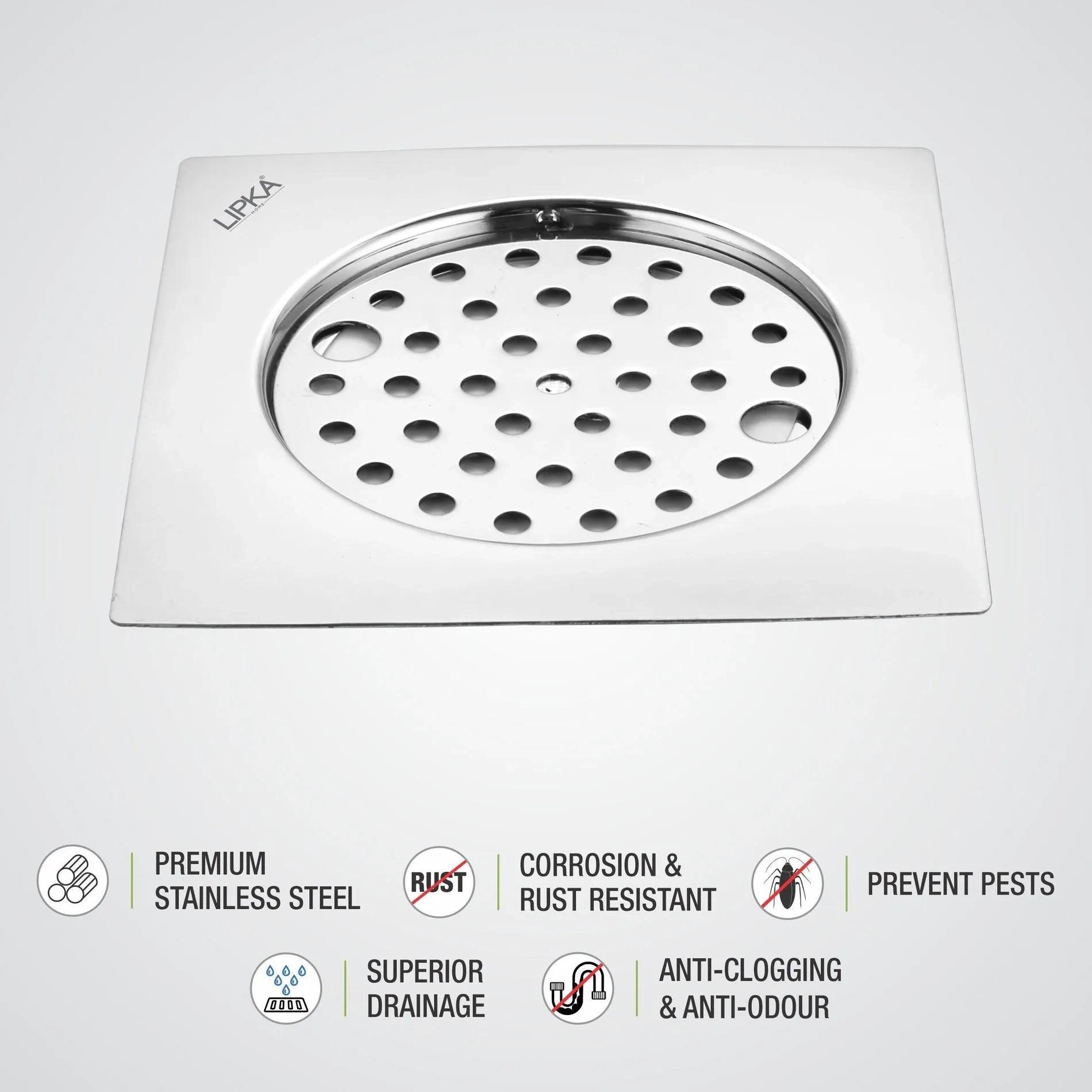 Lipka Eon Square Flat Cut Floor Drain with Plain Jali and Lock (6 x 6 Inches) 2