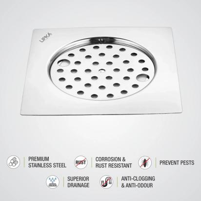 Lipka Eon Square Flat Cut Floor Drain with Plain Jali and Lock (6 x 6 Inches) 2