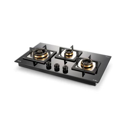Glen 3 Burner Glass Gas Hob Top with Triple Ring, Total Double Ring Brass Burner (1073CIHTTDBTR)