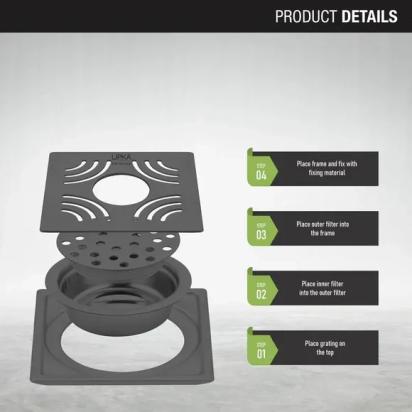 Lipka Purple Exclusive Square Floor Drain in Black PVD Coating (6 x 6 Inches) with Hole & Cockroach Trap 2