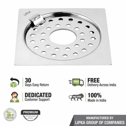 Lipka Eon Square Flat Cut Floor Drain with Plain Jali, Hinge and Hole (5 x 5 Inches) 4