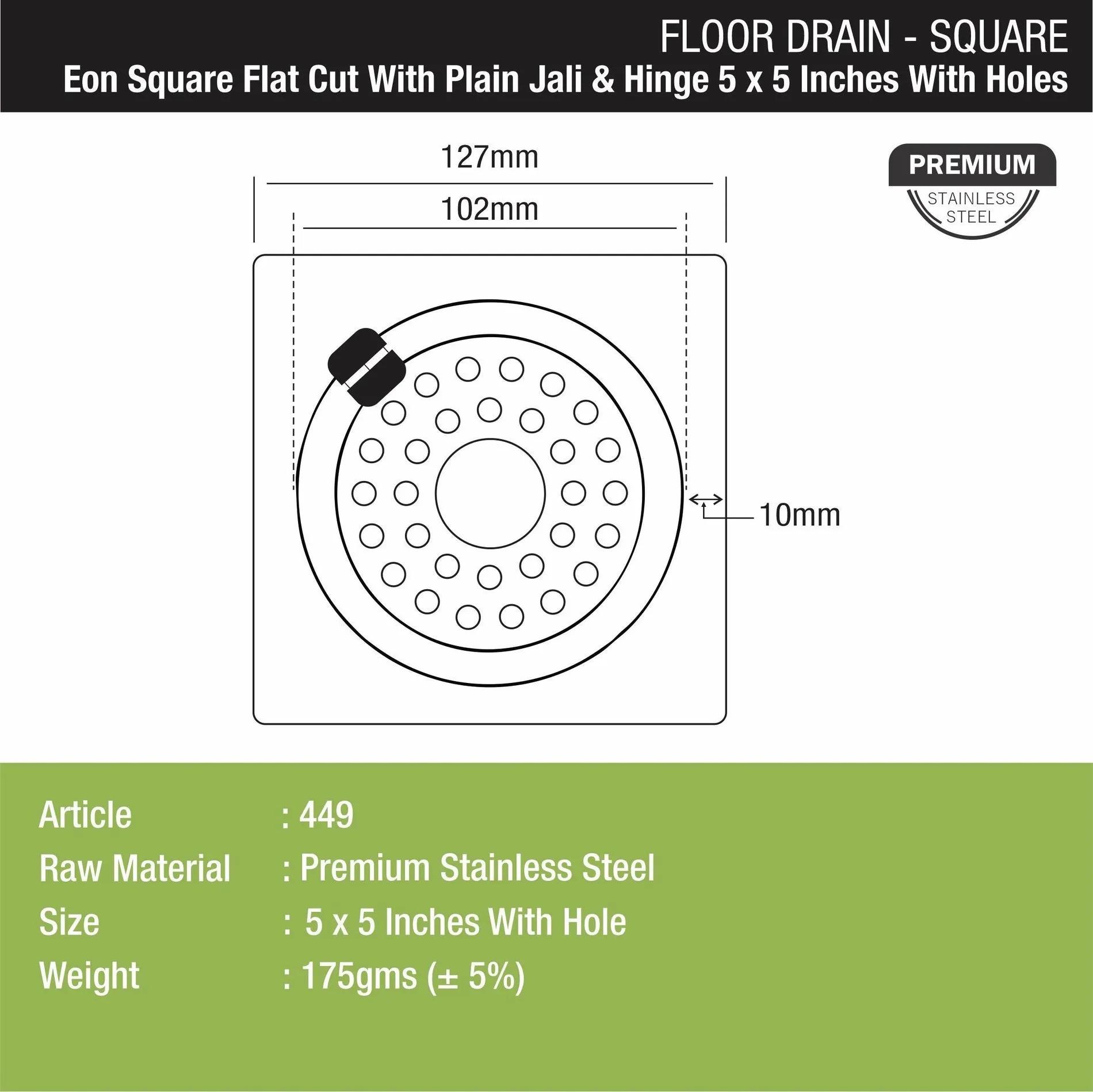 Lipka Eon Square Flat Cut Floor Drain with Plain Jali, Hinge and Hole (5 x 5 Inches) 1