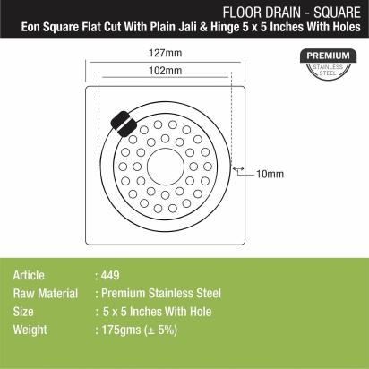 Lipka Eon Square Flat Cut Floor Drain with Plain Jali, Hinge and Hole (5 x 5 Inches) 1