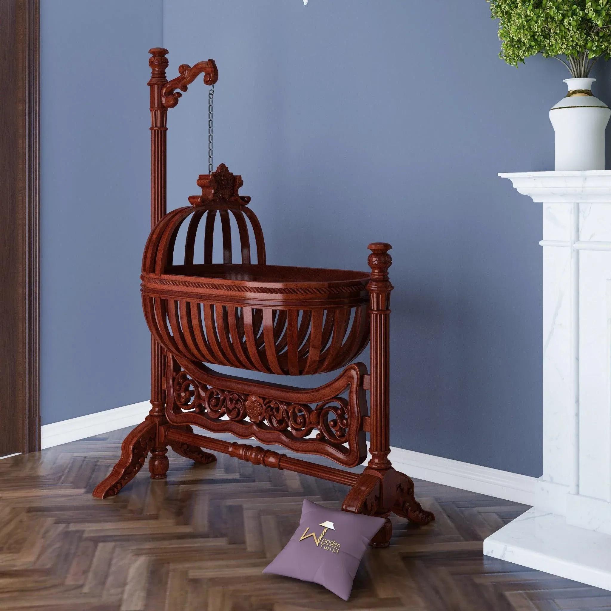 Wooden Twist Royal Teak Wood Baby Cradle (Walnut Finish)