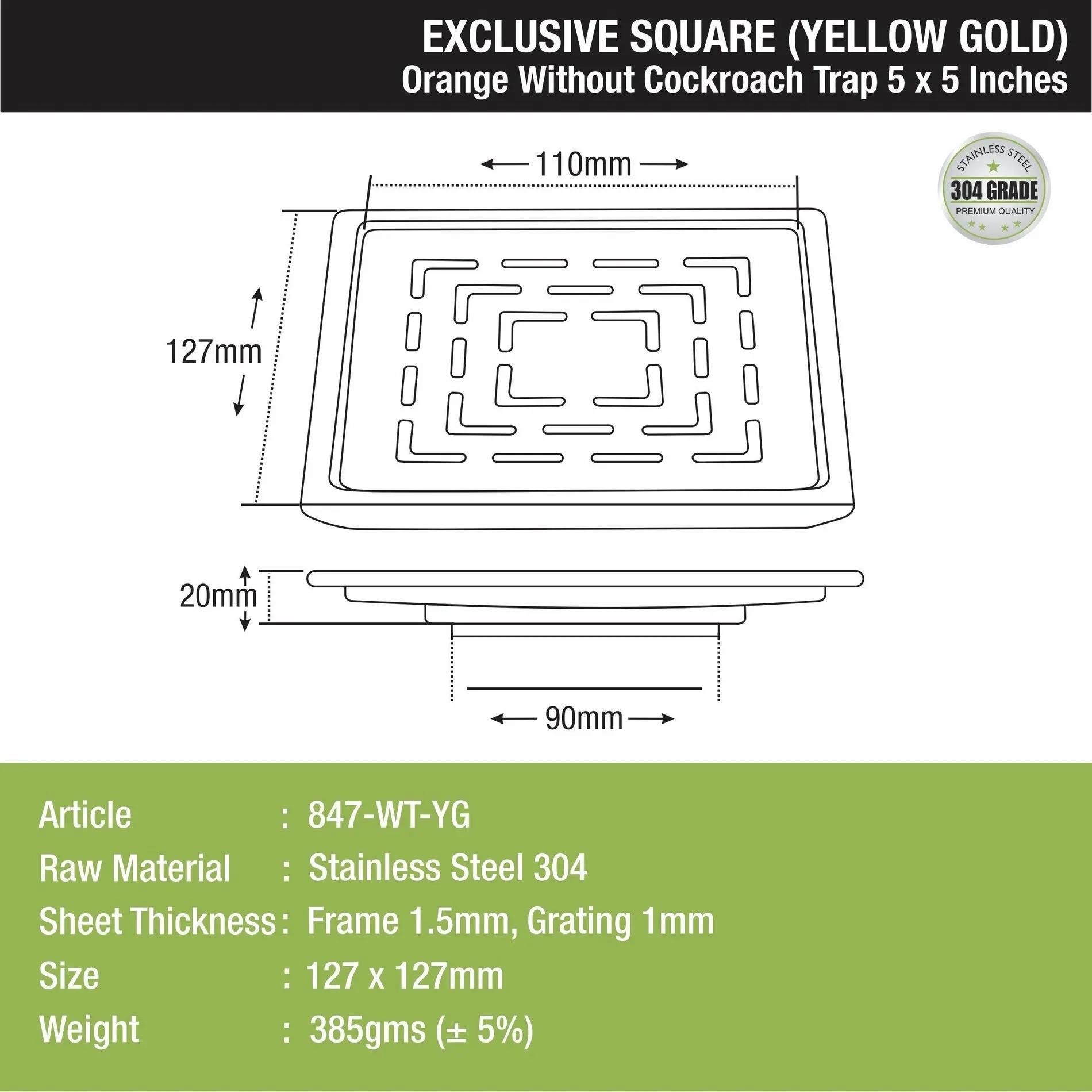 Lipka Orange Exclusive Square Floor Drain in Yellow Gold PVD Coating (5 x 5 Inches) 1