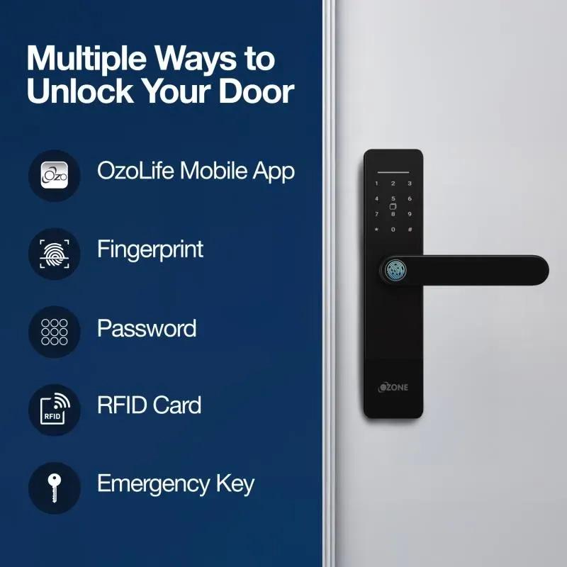 Ozone Smart Wi-Fi Lock for Wooden & Metal Doors, 4-Way Access, OzoLife App, Fingerprint, Password, RFID Card, 30-50 mm Door Thickness, Free Installation, 2 Years Warranty (Black) 2