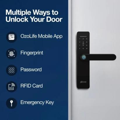 Ozone Smart Wi-Fi Lock for Wooden & Metal Doors, 4-Way Access, OzoLife App, Fingerprint, Password, RFID Card, 30-50 mm Door Thickness, Free Installation, 2 Years Warranty (Black) by Ozone : Colours available: Black 9 2