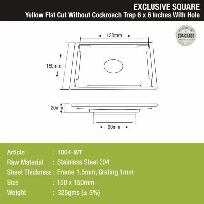 Lipka Yellow Exclusive Square Flat Cut Floor Drain (6 x 6 Inches) with Hole 1
