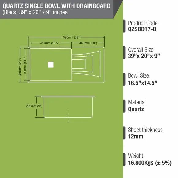 Lipka Black Quartz Single Bowl with Drainboard Kitchen Sink (39 x 20 x 9 Inches) 2