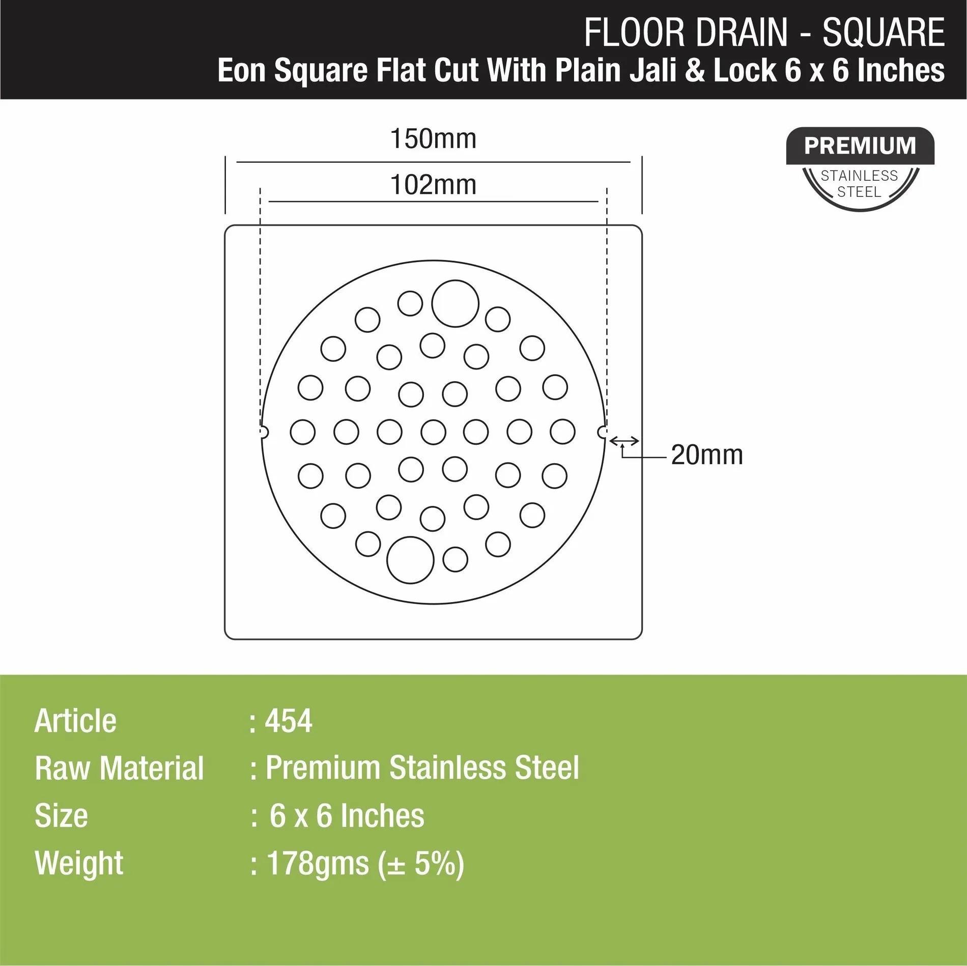 Lipka Eon Square Flat Cut Floor Drain with Plain Jali and Lock (6 x 6 Inches) 1