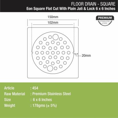 Lipka Eon Square Flat Cut Floor Drain with Plain Jali and Lock (6 x 6 Inches) 1