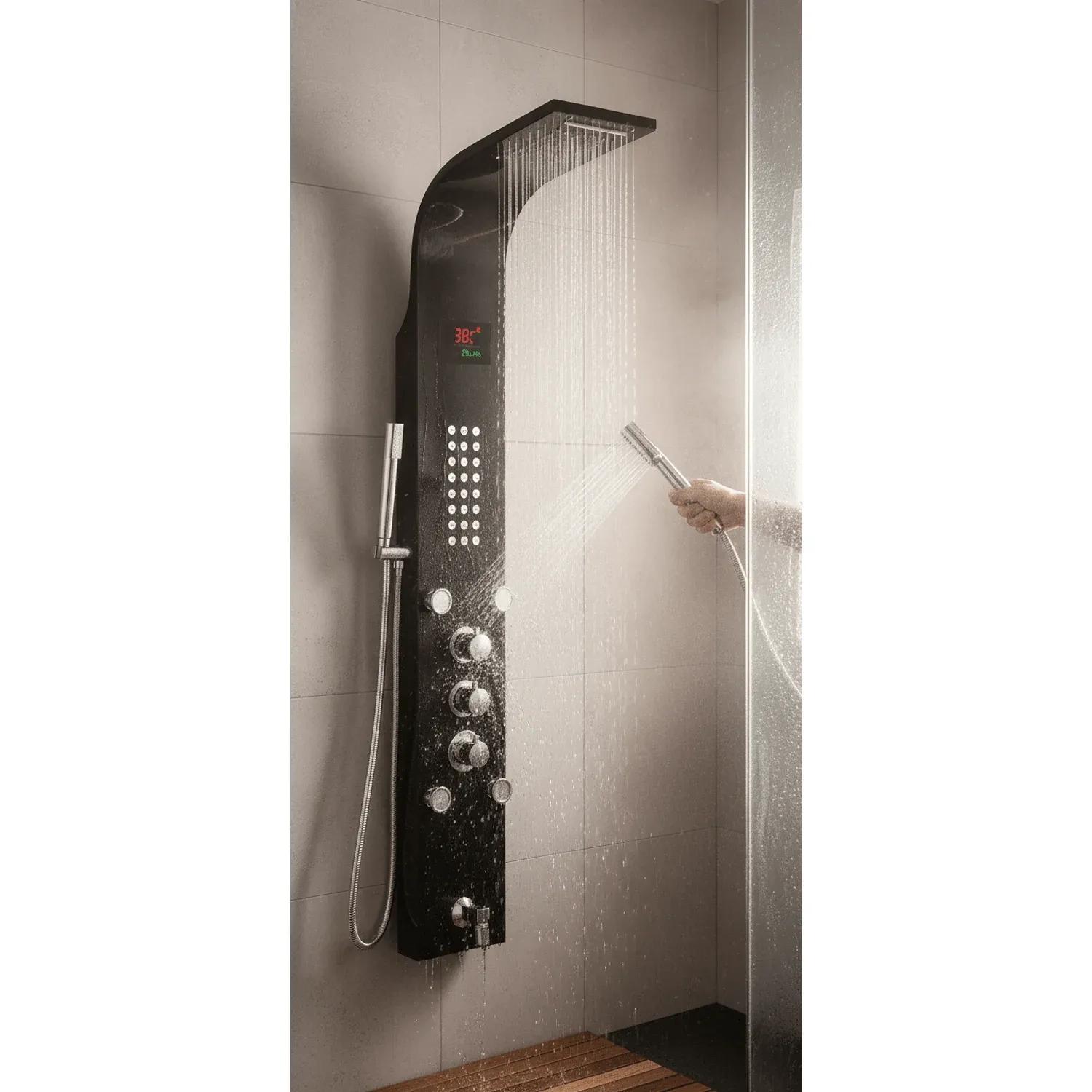 Aquieen 5-in-1 Wall-Mounted Black Shower Panel Set | Heavy-Duty SS304 Body with Overhead Shower, Hand Shower, Body Jet, Spout, Hot & Cold Water Flow Control & Temperature Display