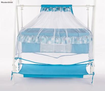 Wooden Street Desswith Maia Movable Steel with Mosquito Protection Net Baby Cot Blue 1
