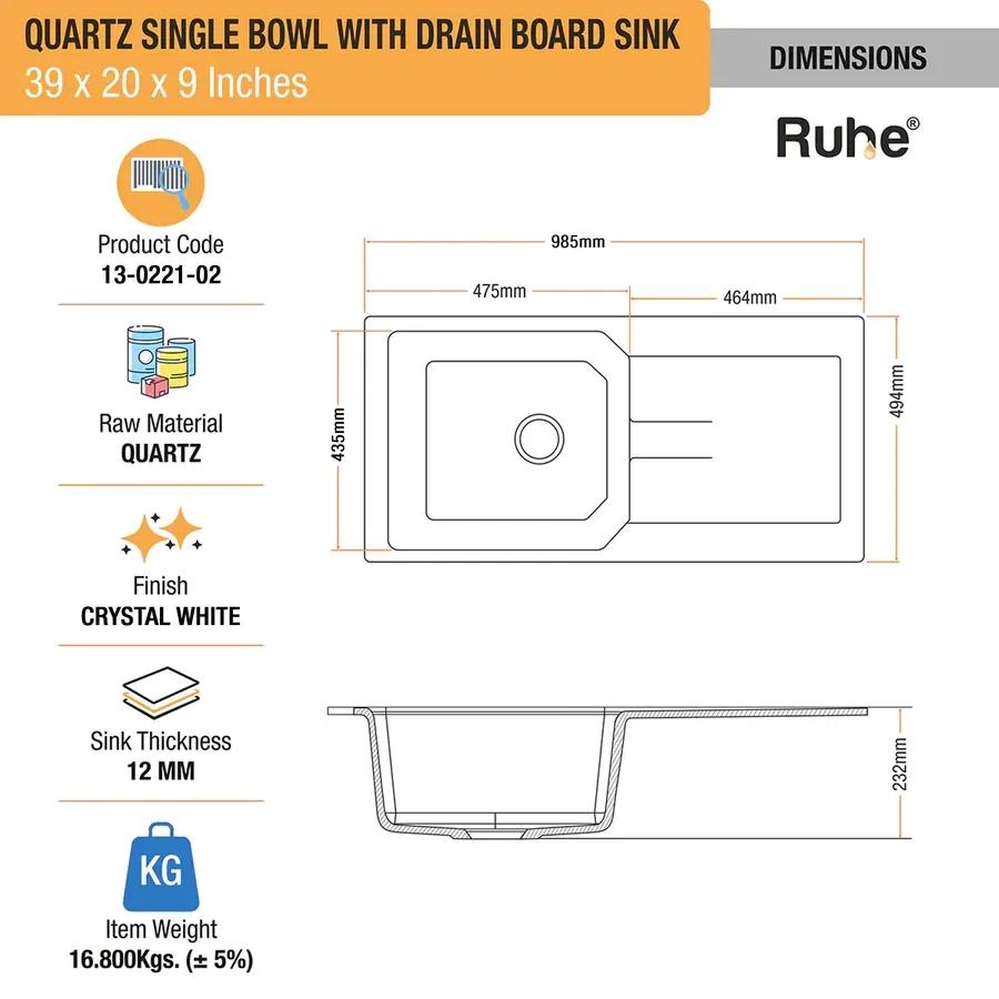 Ruhe Quartz Single Bowl With Drainboard Kitchen Sink - 39 X 20 X 9 Inches - White 2