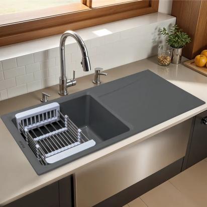 Ruhe Quartz Single Bowl With Drainboard Kitchen Sink -  36 X 18 X 9 Inches - Grey by Ruhe : Colours available: Grey