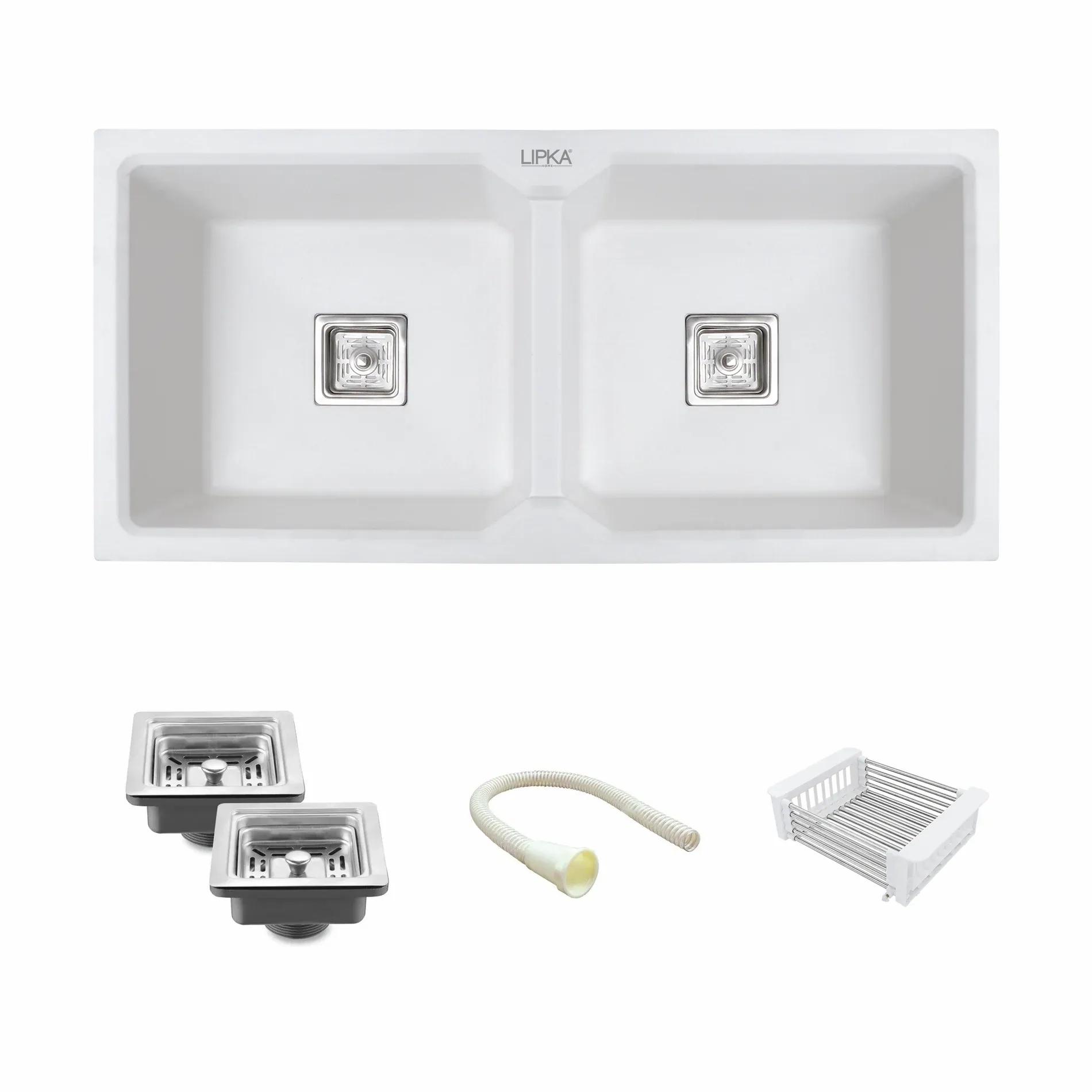 Lipka Crystal White Quartz Double Bowl Kitchen Sink (45 x 20 x 9 Inches) 1
