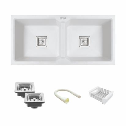 Lipka Crystal White Quartz Double Bowl Kitchen Sink (45 x 20 x 9 Inches) 1