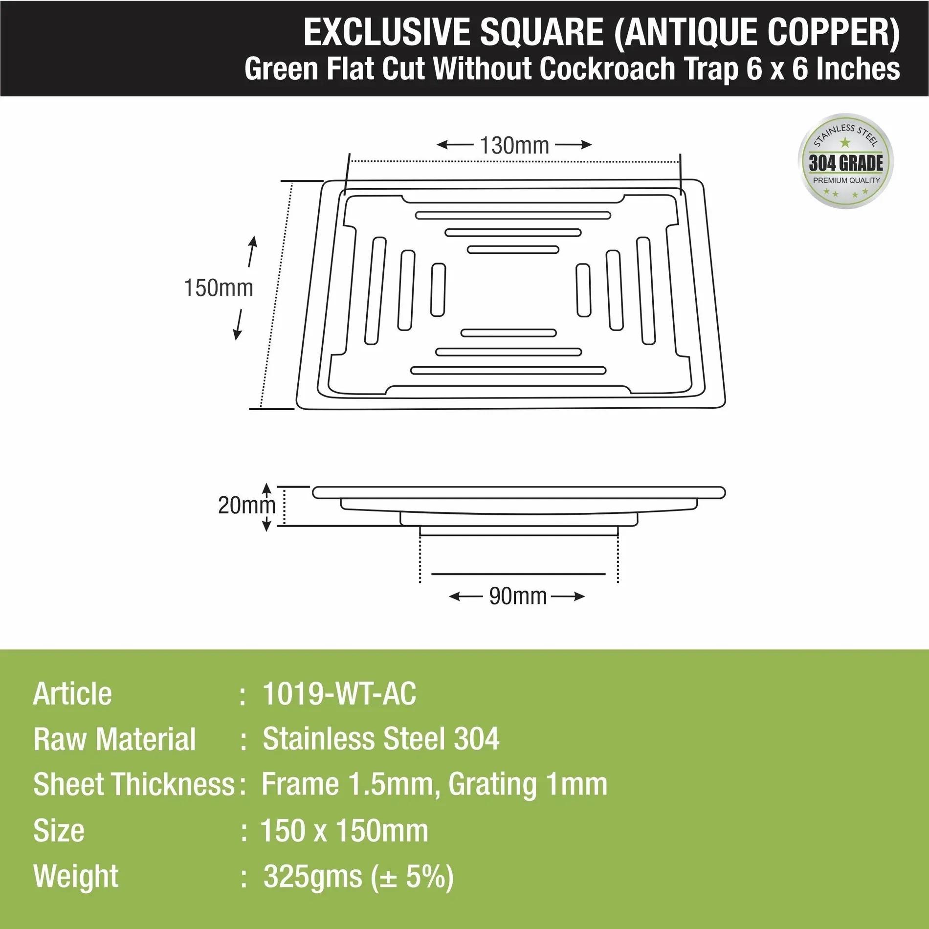 Lipka Green Exclusive Square Flat Cut Floor Drain in Antique Copper PVD Coating (6 x 6 Inches) 1