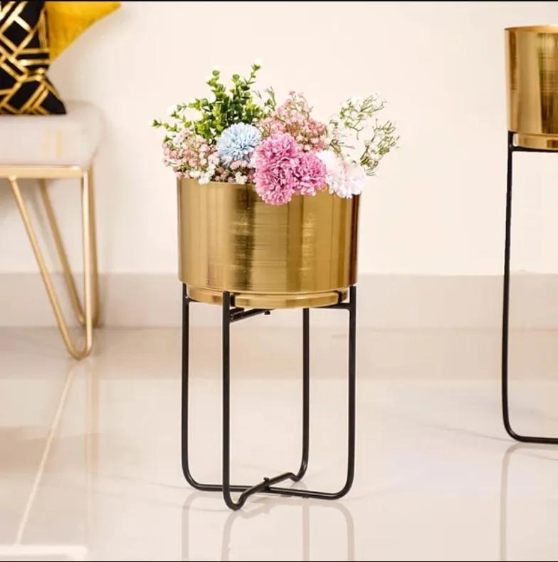 Nestasia Luxe Metal Floor Planter With Stand Gold Set Of 2 3