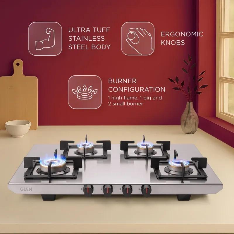 Glen Ultra Tuff Stainless Steel PNG Gas Stove 4 Burner|1 Jumbo Forged Brass Burner|Manual Ignition|Revolving Inlet Nozzle|Warranty 2 Years Standard, 5 Years Burner|1054UTSSPN73 2