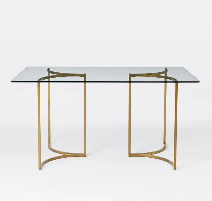 Asian Arts Modern Glam Glass Dining Table - Rectangular Top with Curved Gold Metal Base 3