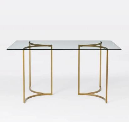 Asian Arts Modern Glam Glass Dining Table - Rectangular Top with Curved Gold Metal Base by Asian Arts : Colours available: Gold 3 3