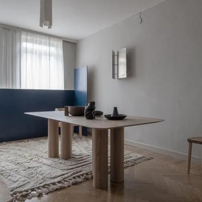 Asian Arts Modern Rectangular Dining Table – Solid Wood with Sculptural Round Legs by Asian Arts : Colours available: Tan